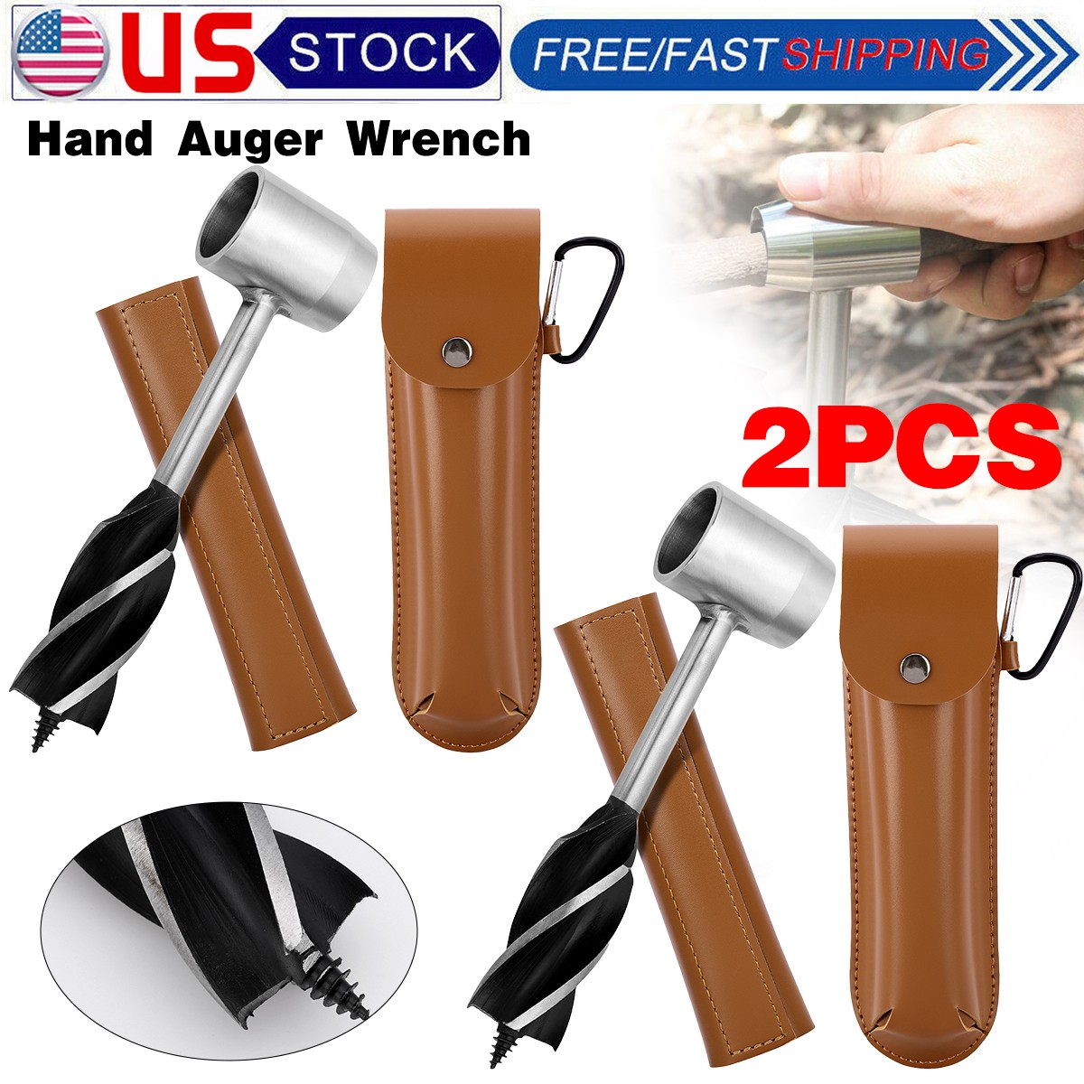 2PCS Manual Hand Auger Wrench Outdoor Survival Wood Gear Drill Kit for Bushcraft
