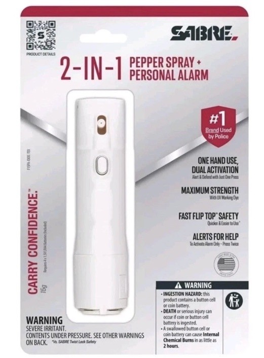 Sabre 2-in-1 Pepper Spray Flip Top 54oz Snow White UV Dye w/Built-in 130dB Alarm
