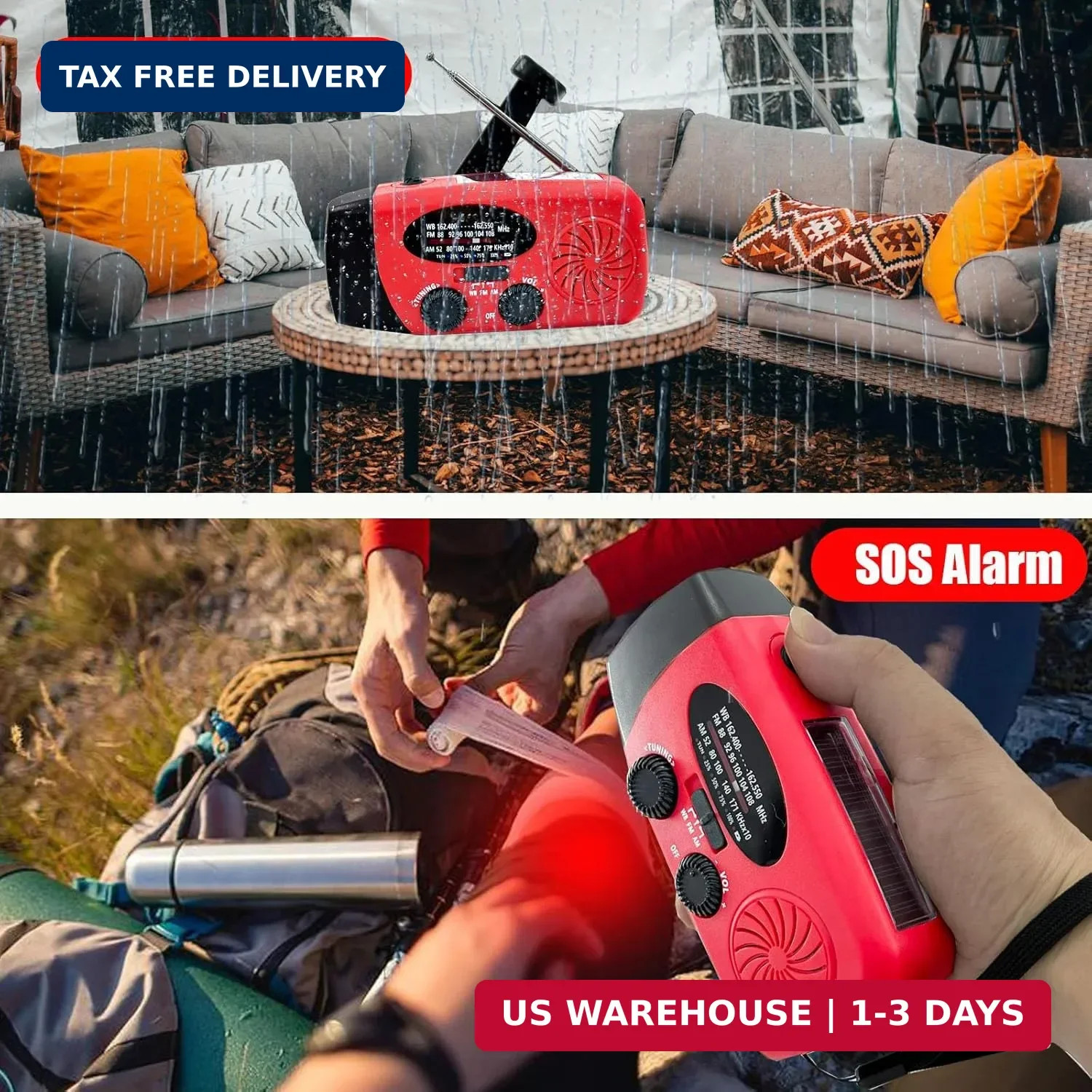 Portable 2000mAh Hand Crank Emergency Solar Panel SOS Weather Radio, Self-Powere