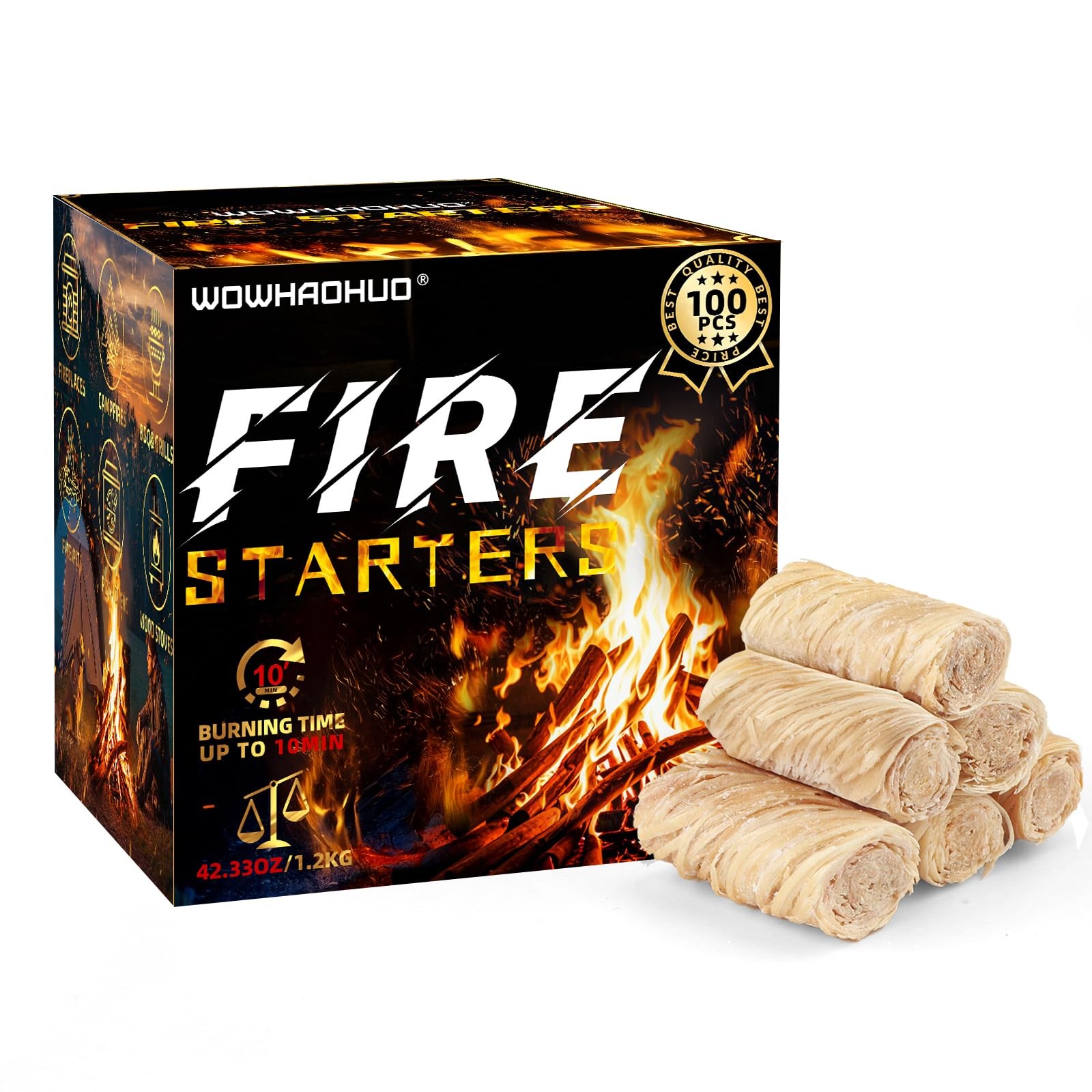 WowHaoHuo 100Pcs Fire Starters for Fireplace,Grill & BBQ,Campfires, Yellow