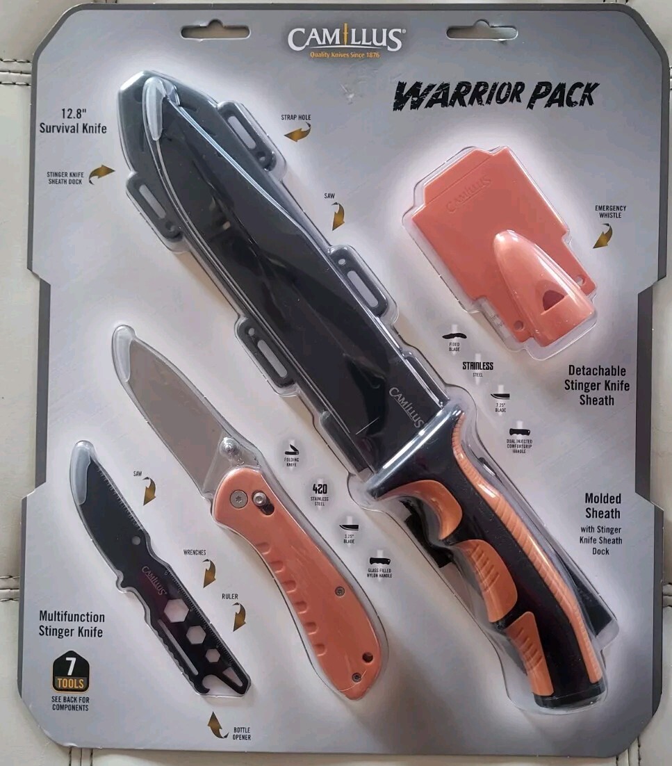 Camillus Warrior Pack 12.8 Survival Knife, Stinger Knife, Folding Knife, Whistle