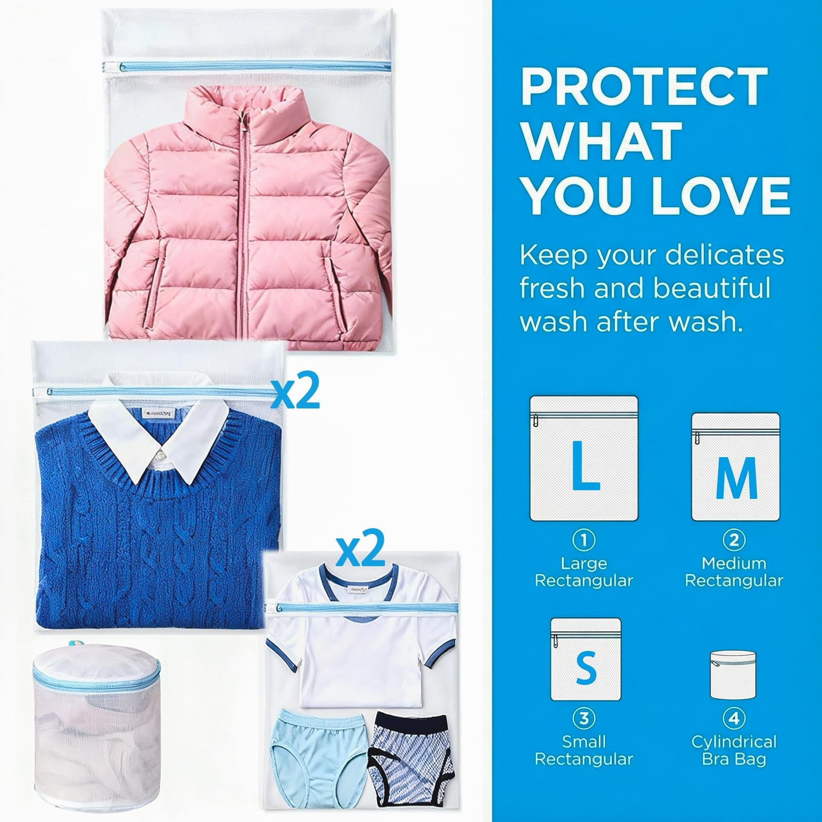 6 Pack Mesh Laundry Bags for Delicates with Auto-Lock Zipper, Durable blue