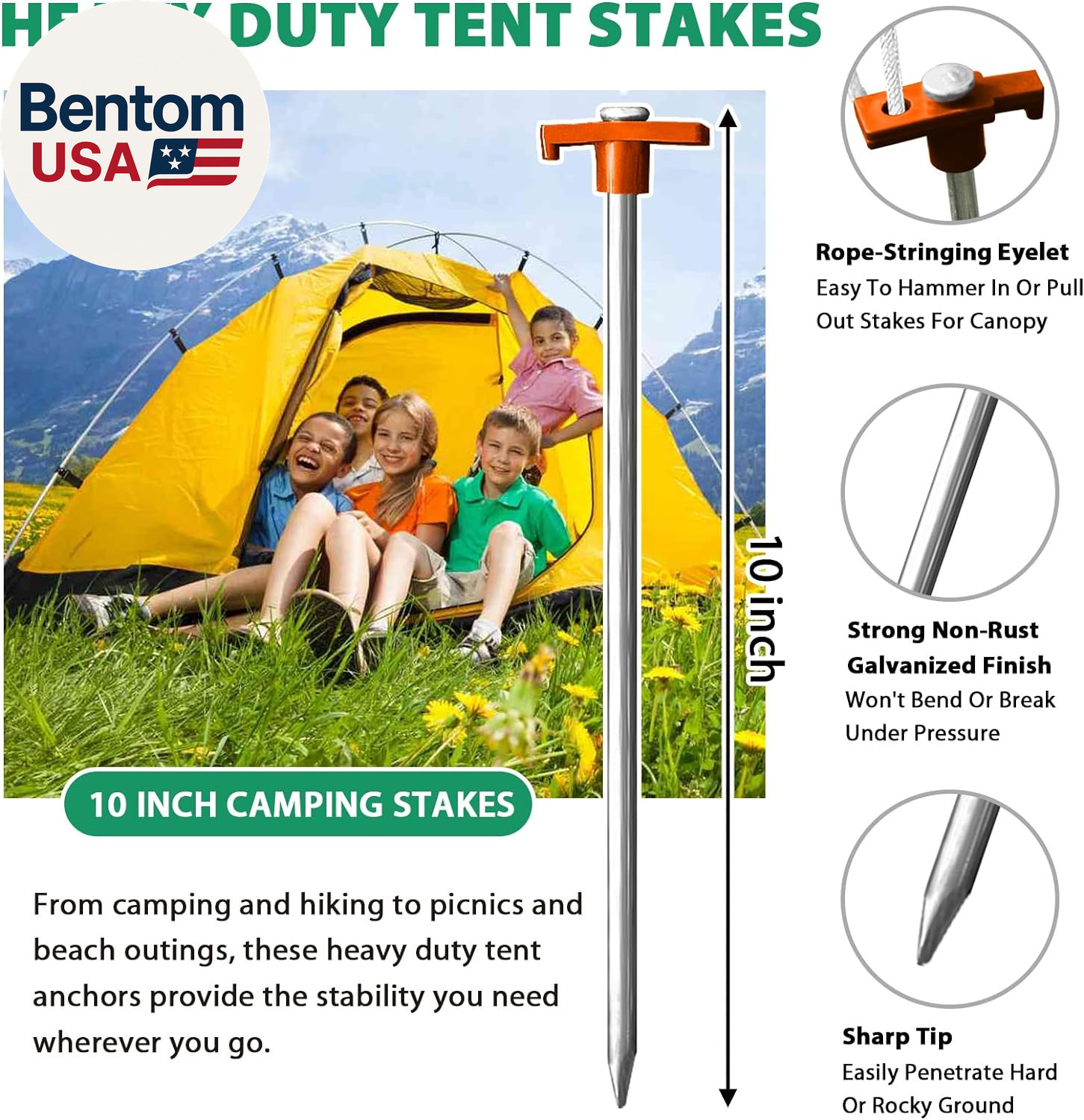 USA 10-Pack Secure Protection Galvanized Tent Stakes,Rust-Proof Steel Canopy Anc