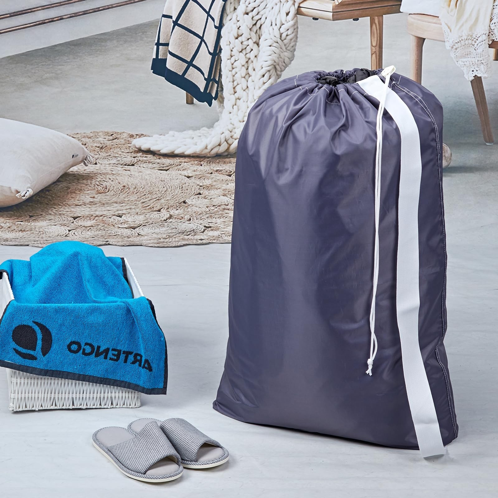 HOMEST 2 Pack XL Nylon Laundry Bag with Strap, Large 2pack, (2 pack) Grey