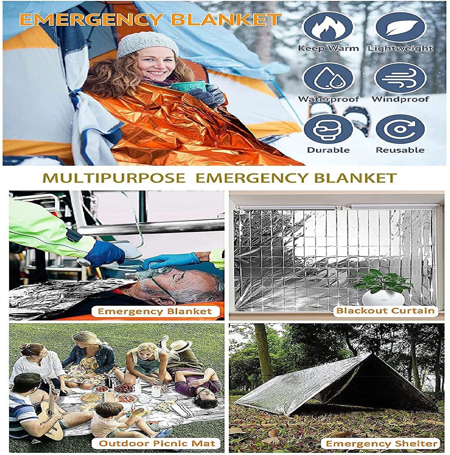 4 Pack Emergency BLANKET Thermal Survival Safety Insulating Mylar Heat 84″ X52″