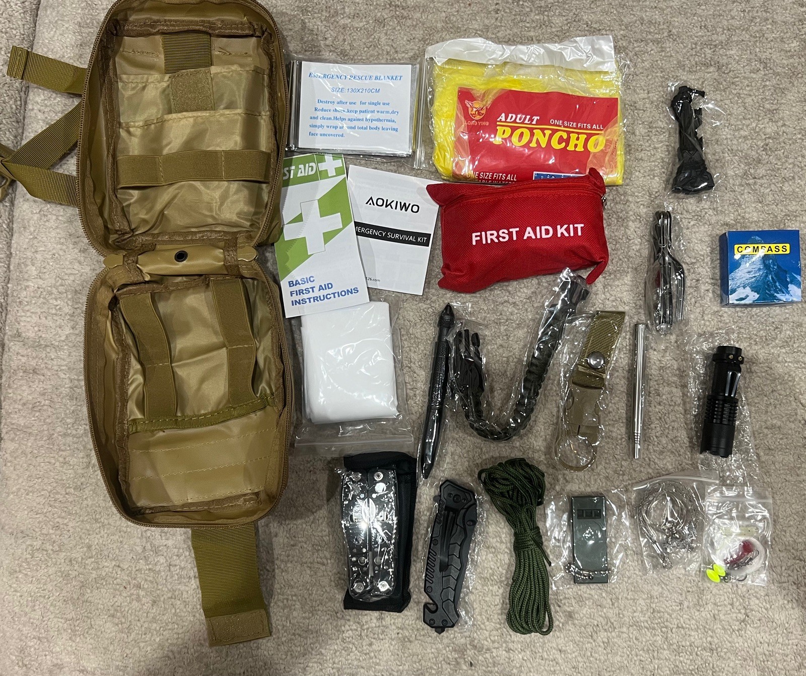 Emergency Survival Kit First Aid Bug out Military Prepper Brown 200 Piece Set