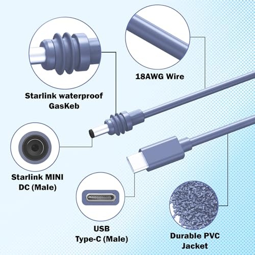 Starlink Mini Cable 6.5 Ft, 18AWG Waterproof DC Male to Type c Male (2M)