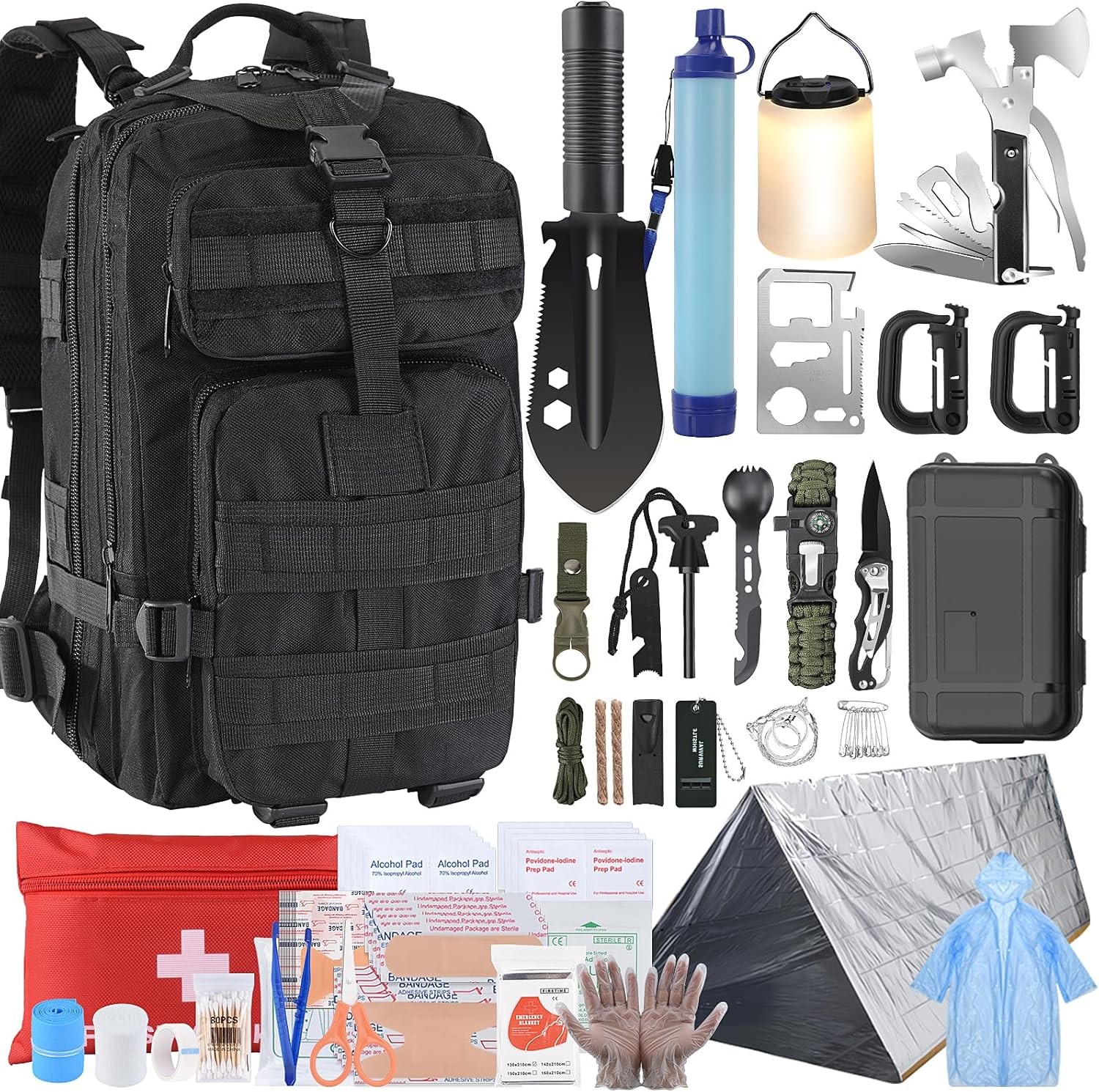 258PCS Survival Kit 25L Backpack Water Filter Tent First Aid Camping