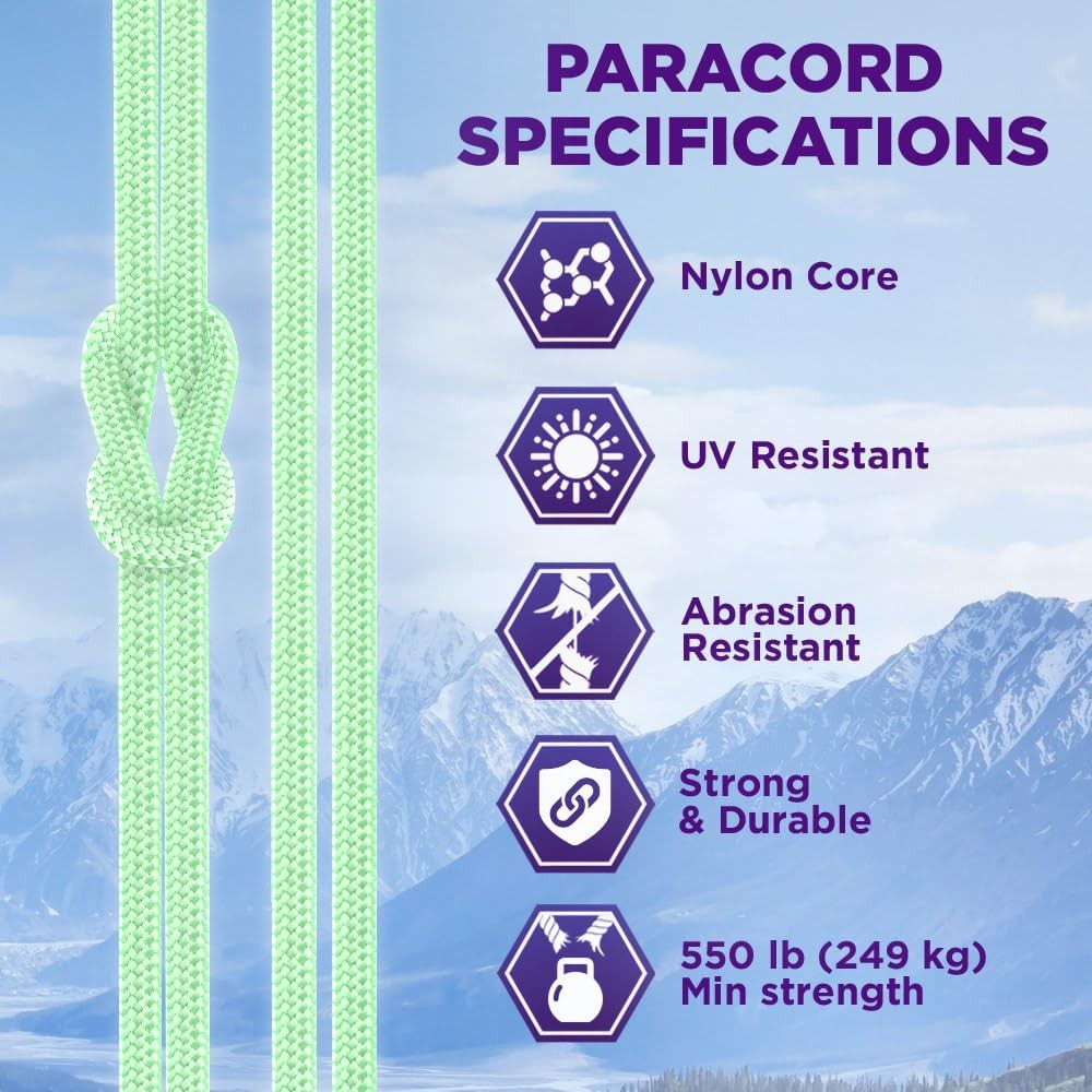TECEUM Paracord Type III 550 Green – Glow in 100 Ft, – the Dark