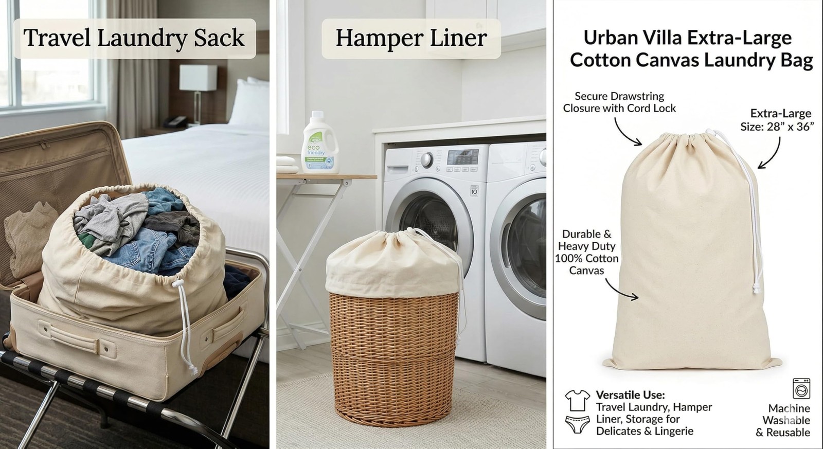 Urban Villa Extra Large Canvas Laundry Bag 28×36 Inches, 100% 1 Pack, Natural