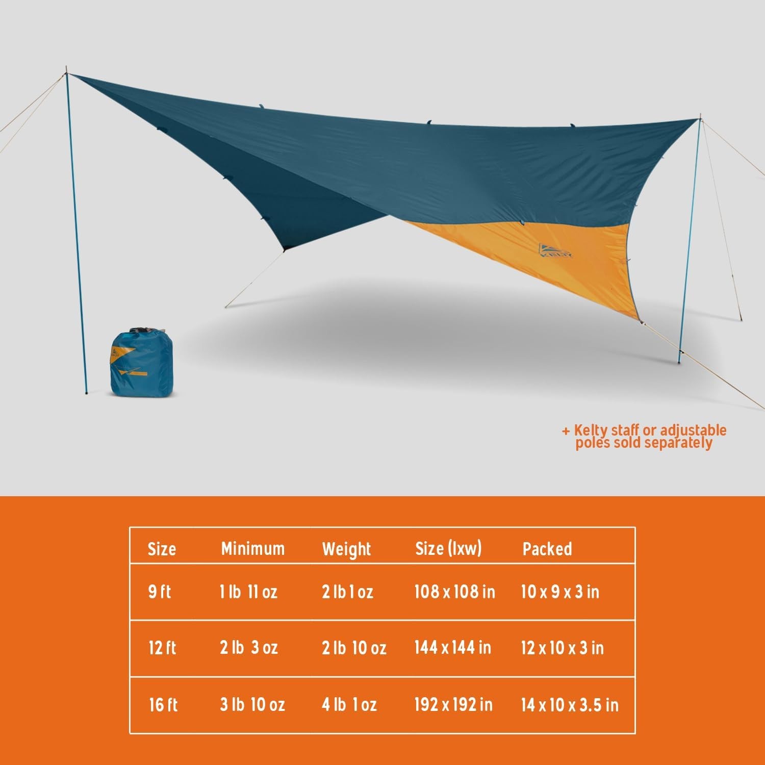 Kelty Noah’s Tarp Sun Shelter and Multi-Use Awning Rainfly, 12 feet, Blue