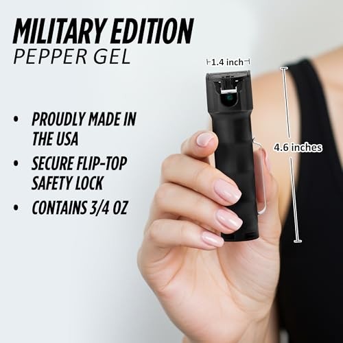 Pepper Gel for Self Defense,18-Foot Range, Flip-Top Safety, Belt Clip, black