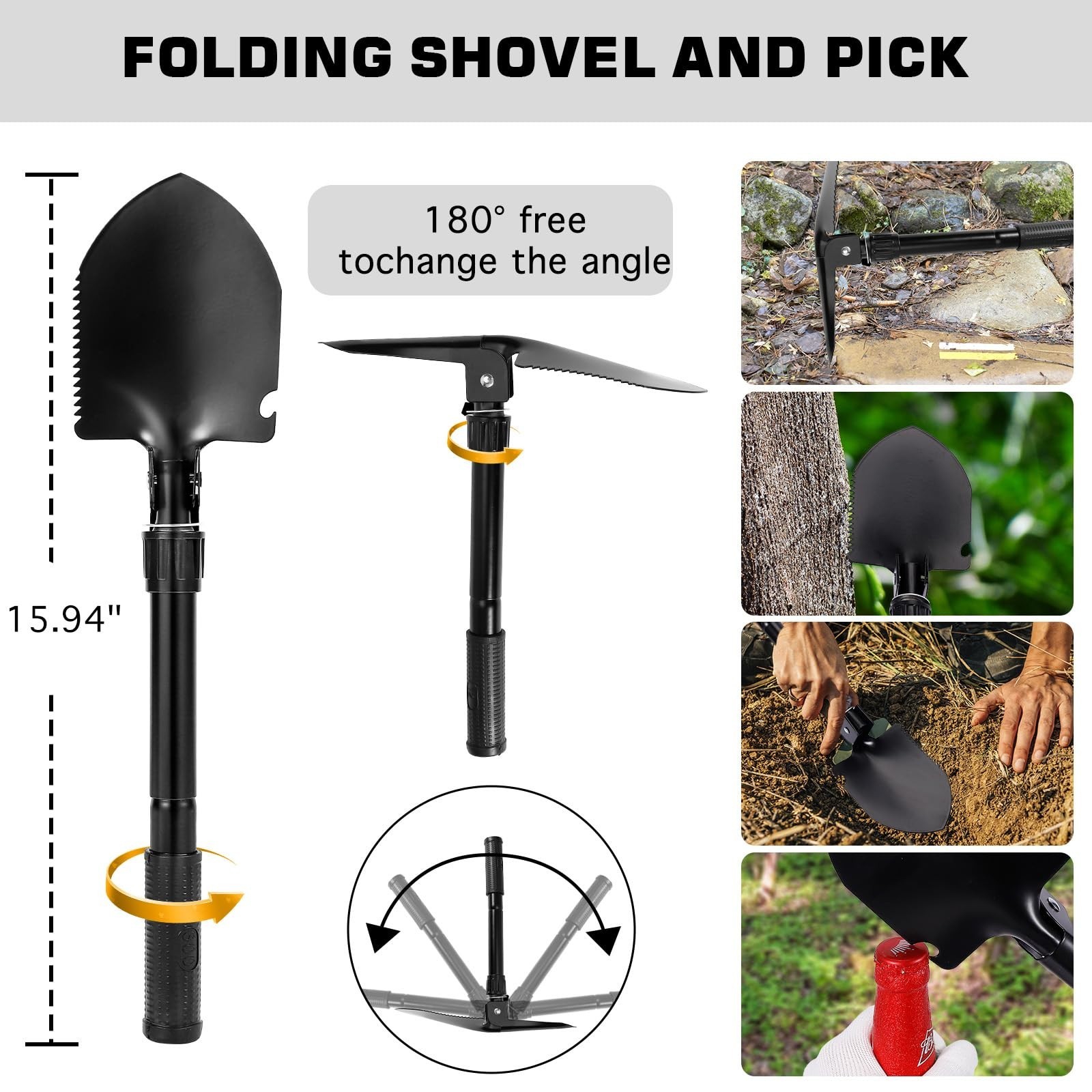 26oz Geologist Rock Pick Tool kits-12″ Folding Multitool Shovel-Survival Brac…