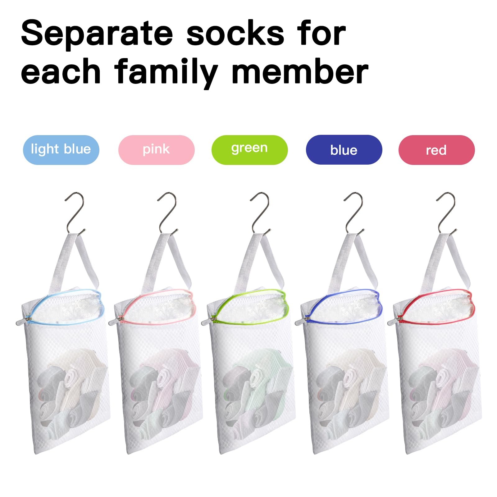 Ouvlaiz 5-Pack Sock Laundry Bags with Metal Hooks, 10×12inch 5-Pack, 5-Color