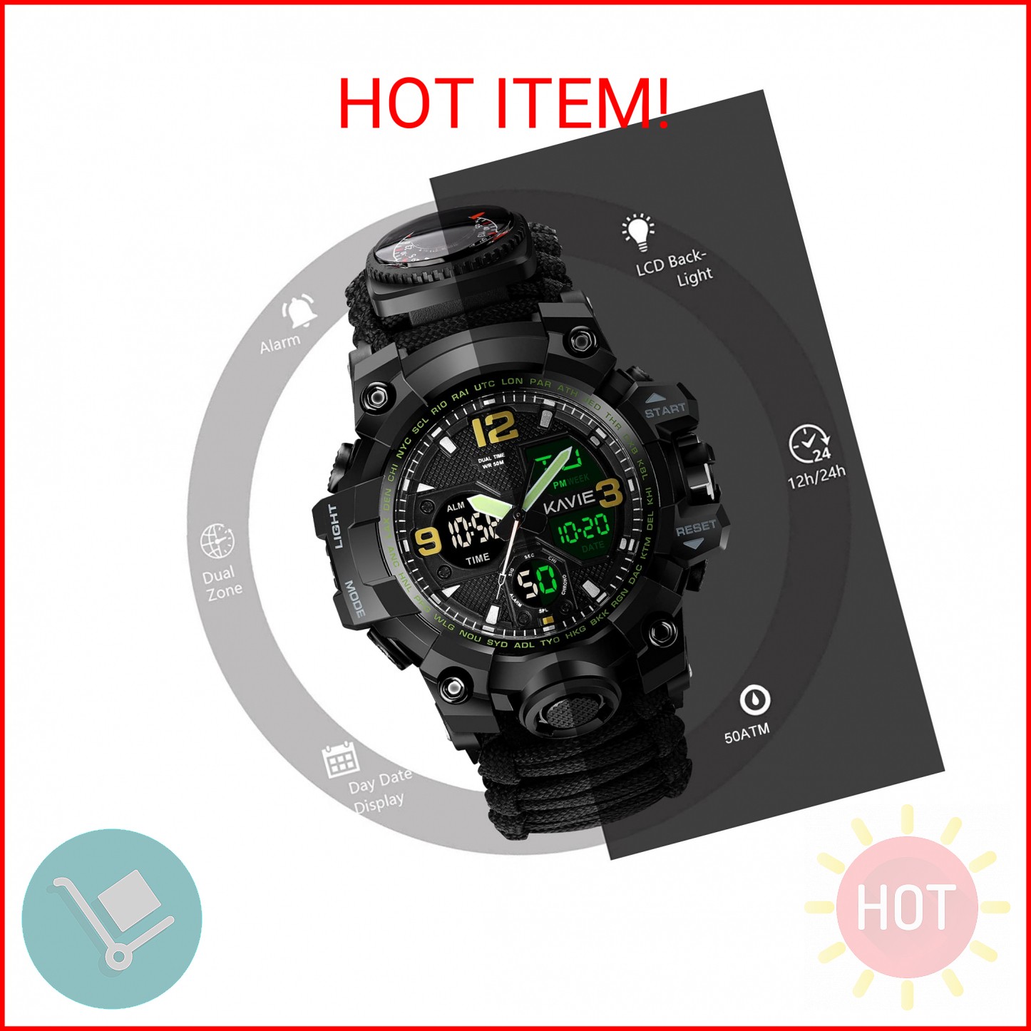 Kavie Mens Tactical Military Digital Watch, 23-in-1 Survival Multi-Functional Ar