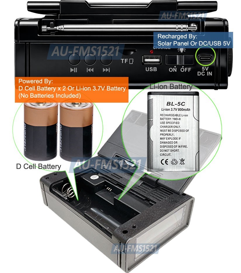 Premium AM/FM/SW Flashlight Radio Bluetooth Speaker MP3 Player Solar DC 5V Dcell