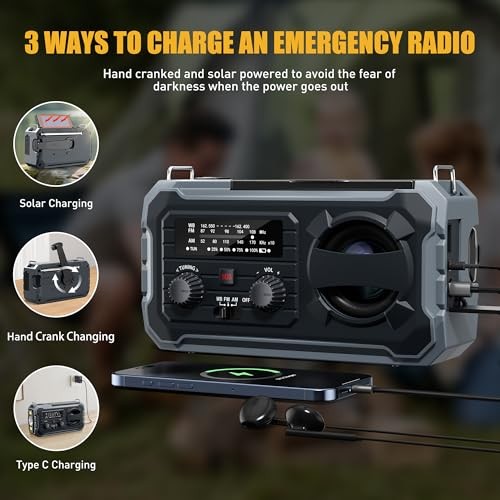 Hand Crank Emergency Radio, 10000mAh Weather Radio with AM/FM/NOAA, Solar Grey