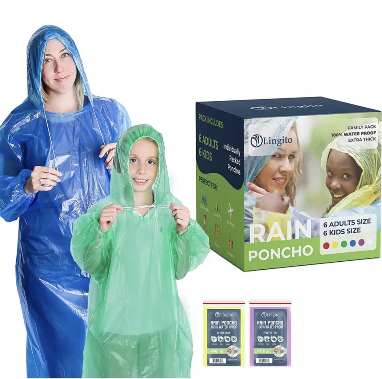 Lingito Rain Ponchos Family Pack | Emergency Raincoat Drawstring of 12 Ct