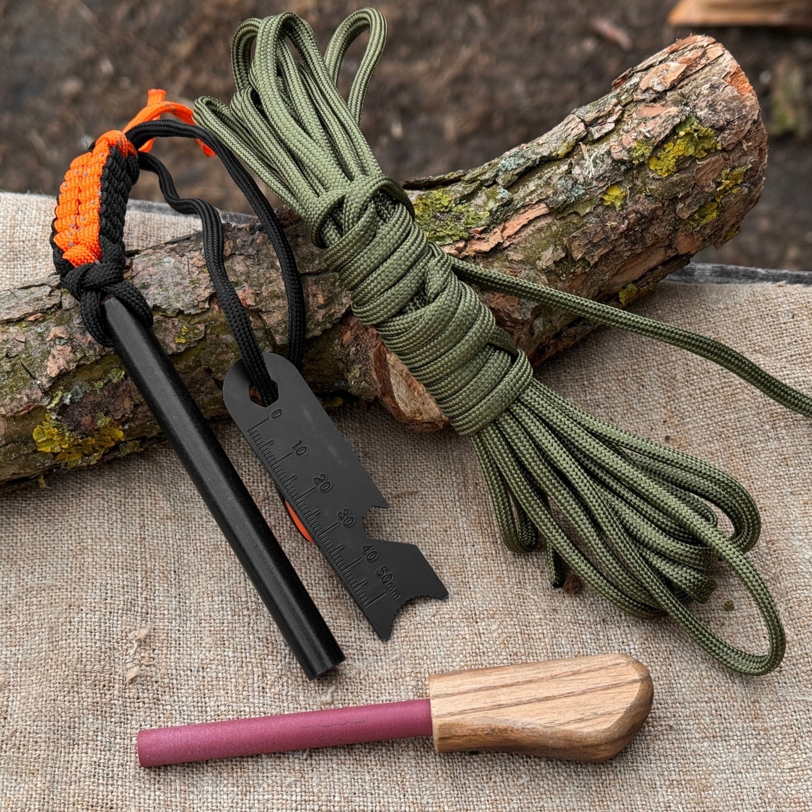 Bushcraft Survival Kit with Ferro Rod Sharpener Paracord Camping Gear Sharky