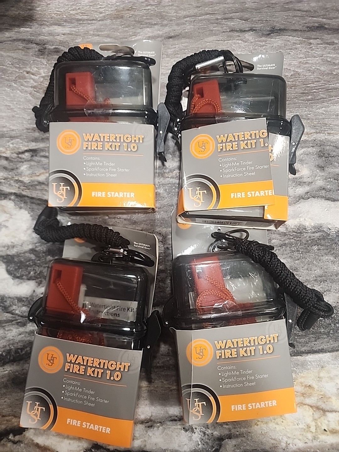 Lot Of 4 UST Watertight Fire Kit 1.0 Waterproof Case W/ Light MeTinder, Flint