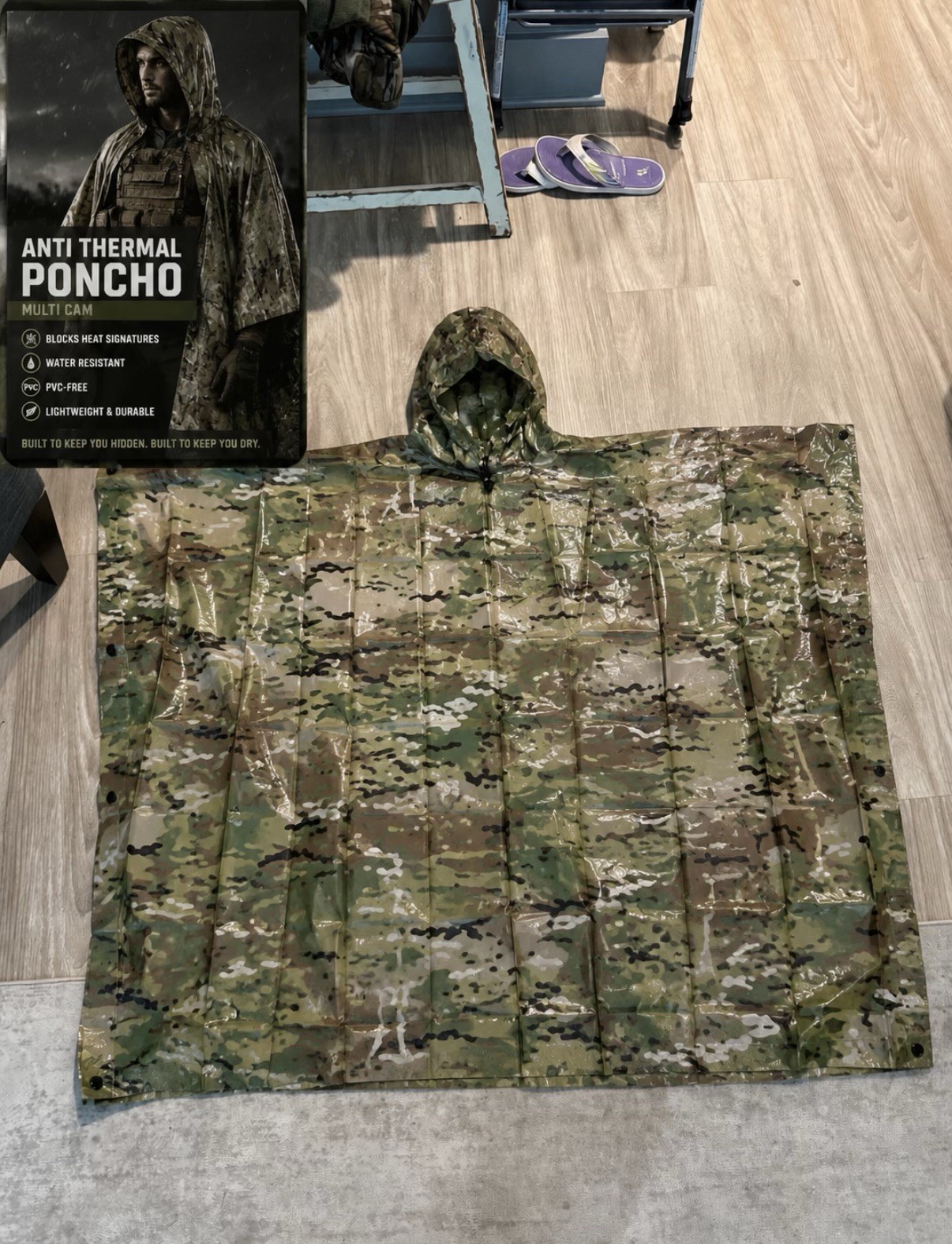 Anti-Thermal Multicam Poncho Water Resistant Lightweight PVC-Free Camping