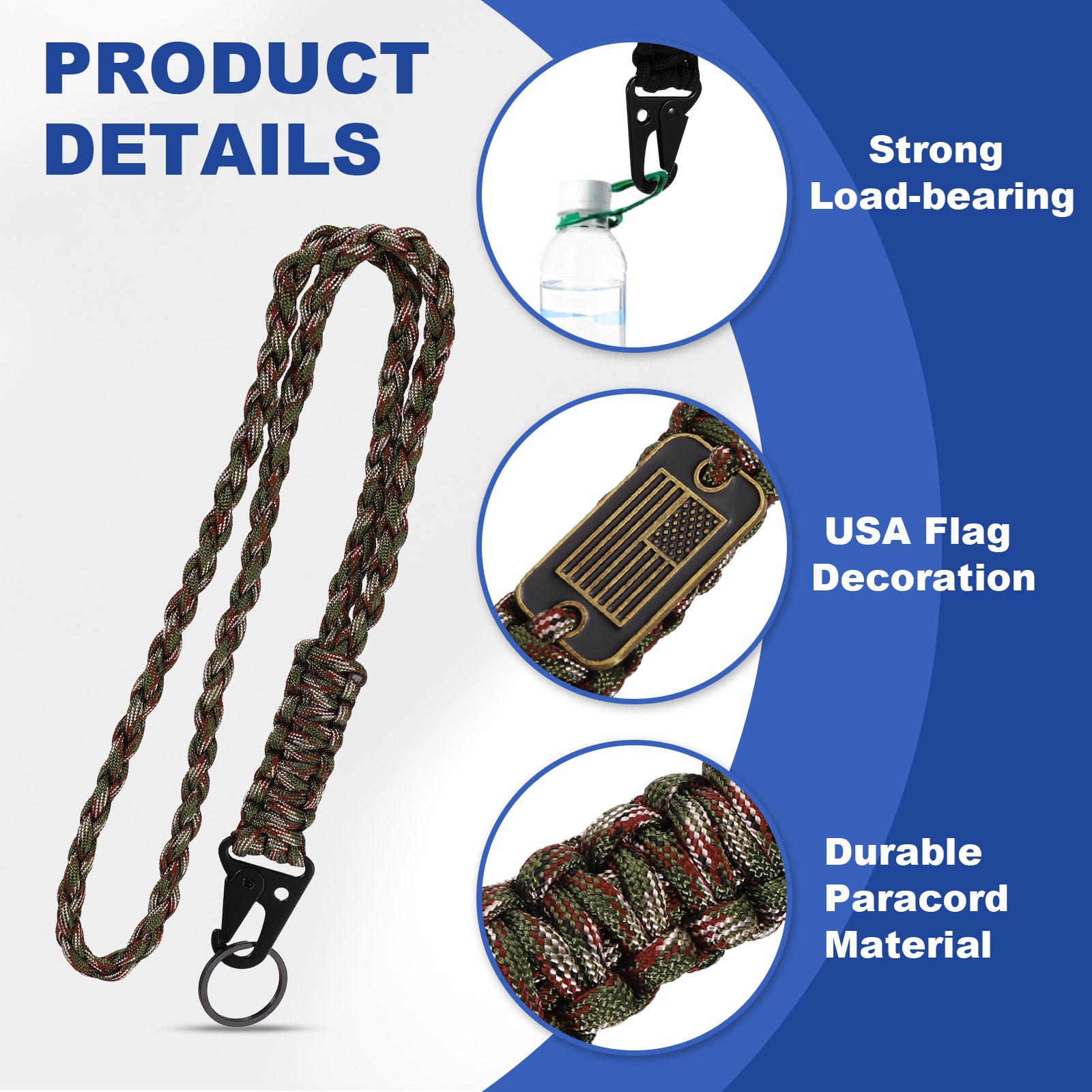 Paracord Lanyard, Strong Lanyard with USA Flag, Olive Green Camouflage