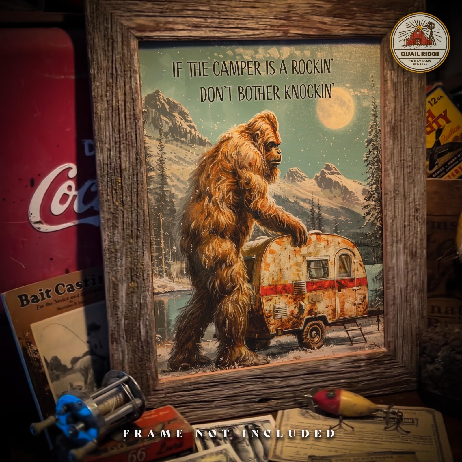 Vintage Sasquatch Bigfoot Art Print RV Camping Artwork Camper Wall Decor Gift