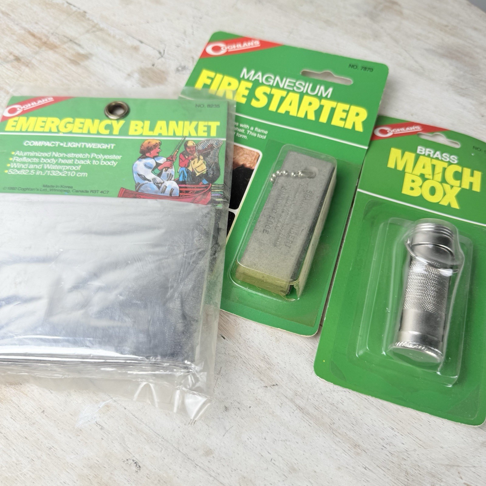 NOS Coghlan’s Survival Kit Lot Of 3 New Emergency Blanket Fire Starter Match Box