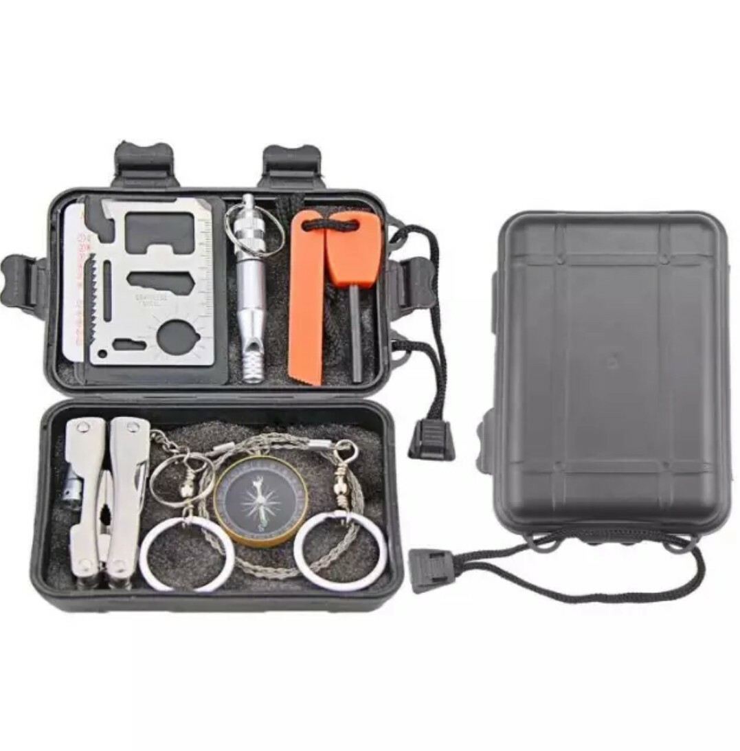 Emergency Kit. Multi-Tool Pliers, Emergency Blanket, Ferro Rod, Compass + more