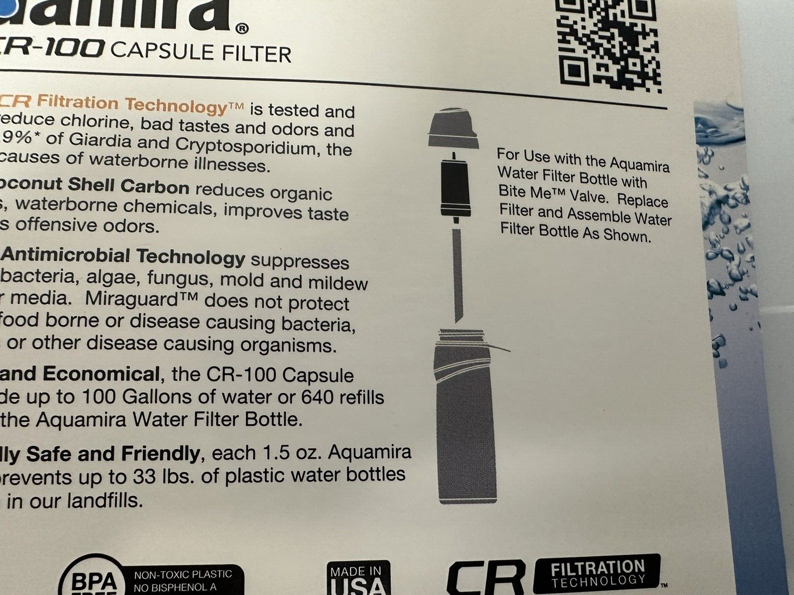 Aquamira 100 Gallon Capacity Water Filter Bottle Replacement Cartridge Survival