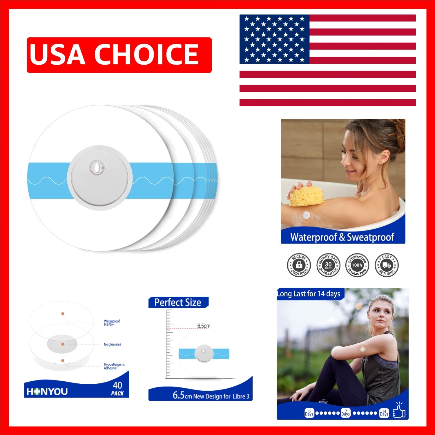 Clear Round Adhesive Patches for Libre 3 – 40 Pack, 15-Day Waterproof Protection