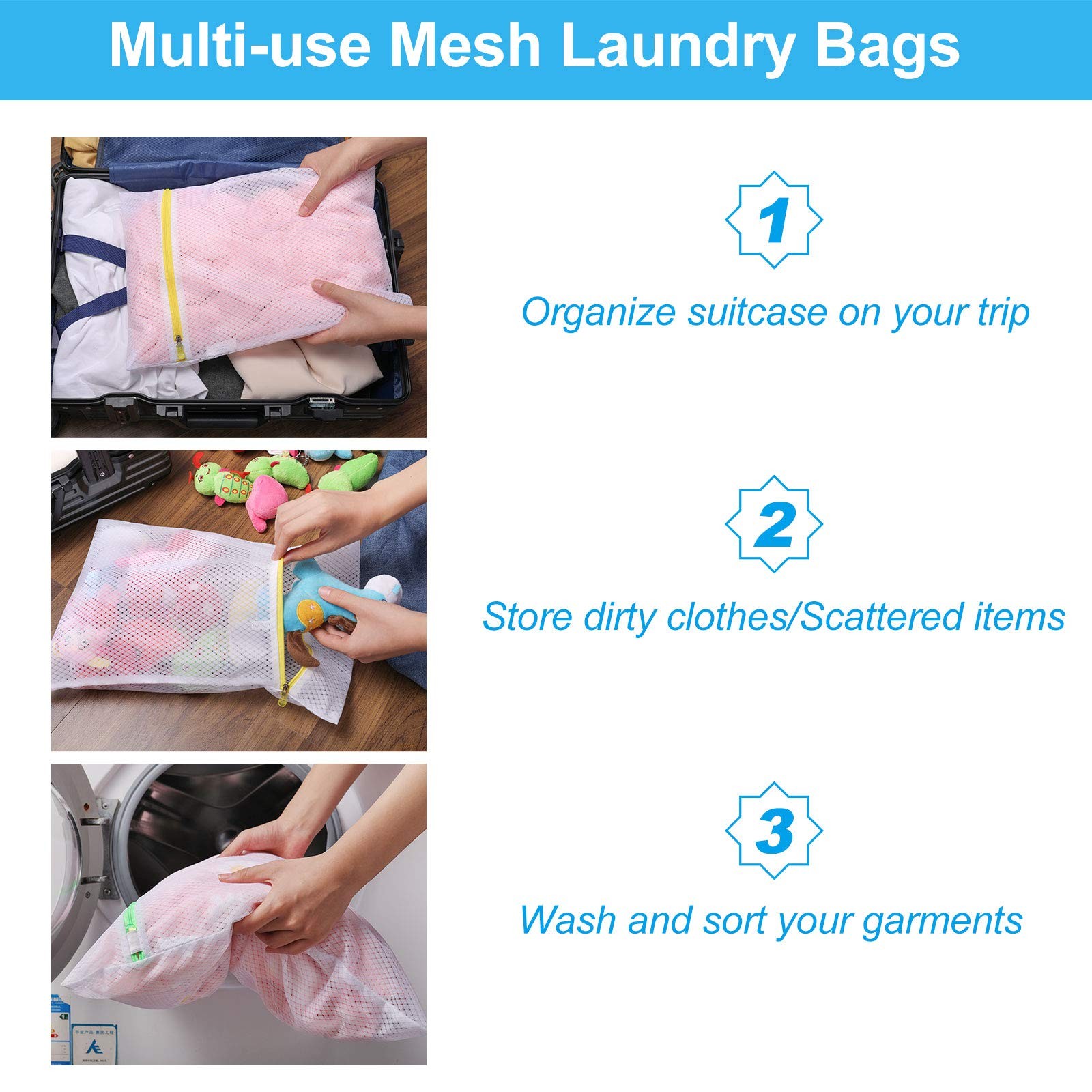 7 Set Mesh Laundry Bags, Delicates 1*XXL+2*L+2*M+2*Bra Bag, White