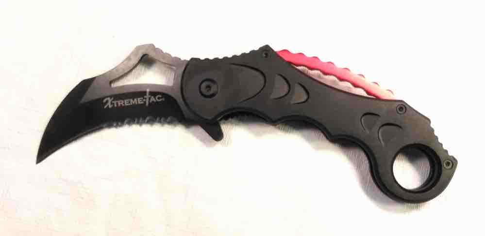 Excellent Black and Red Tactical Spring Assist Karambit Pocket Knife