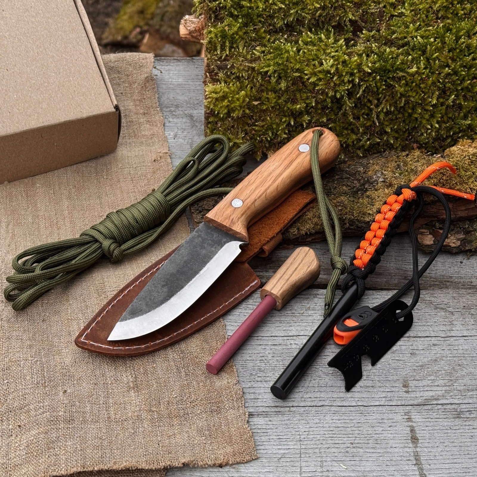 Hiking Kit Bushcraft Knife Set with Forged Knife Ferro Rod Paracord Camping Gear