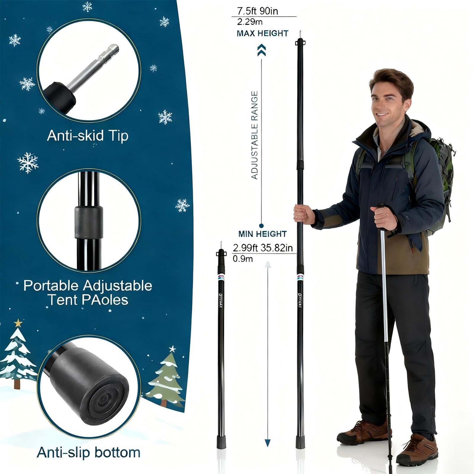 GEEWAY 2 Pcs 7.5FT Tarp Poles for Camping, Heavy x 7.5FT, 7.5ft-black