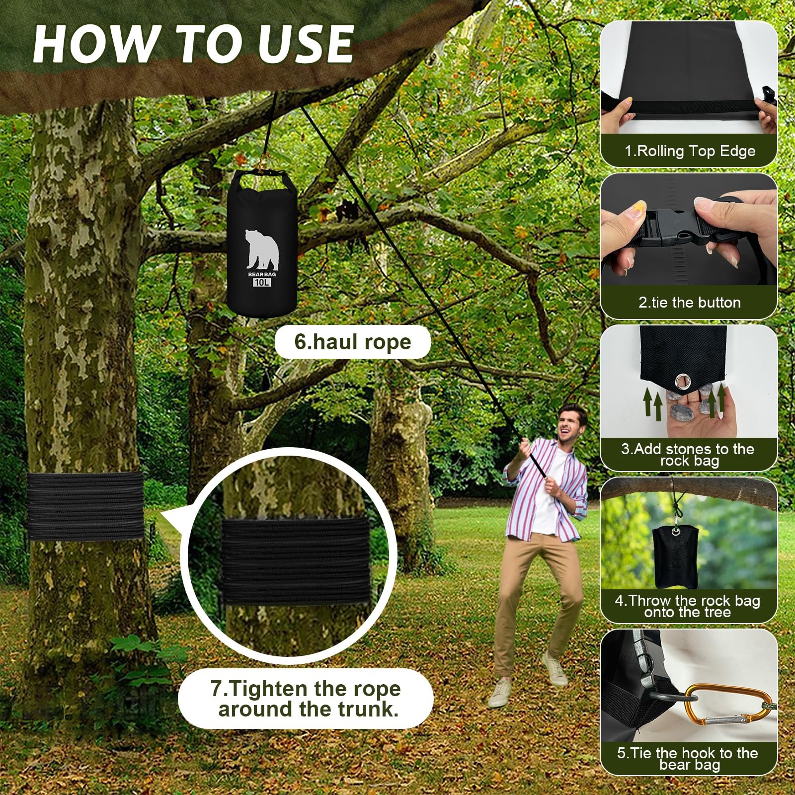 2 Pcs 10L waterproof bear bags with 4 nylon ropes, 4 clips & 2 rock pockets &…