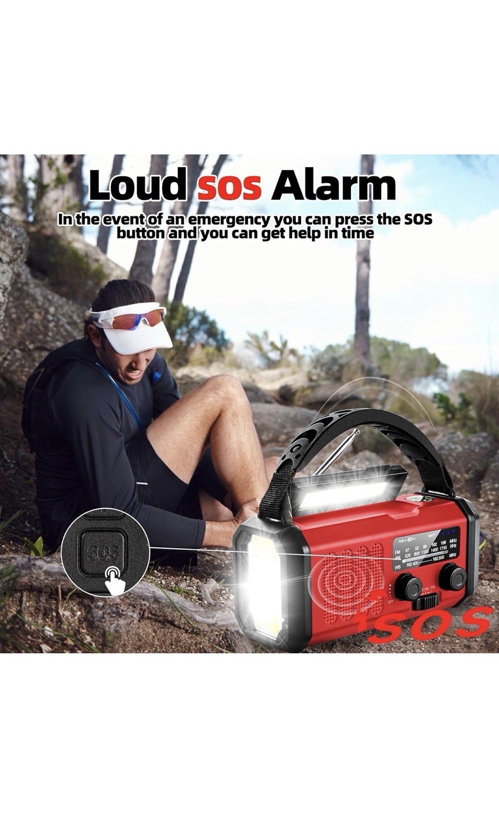 Emergency Hand Crank Solar Radio, Flashlight, LED Lamp, SOS Alarm, Red/Black