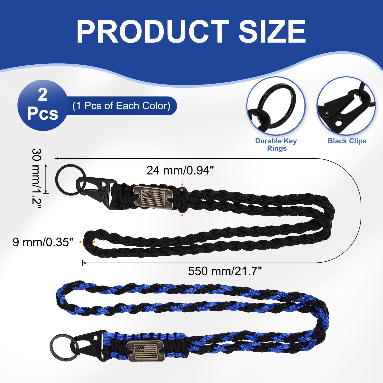 2Pcs Paracord Lanyard, Strong Lanyard with USA Flag, Black, Blue