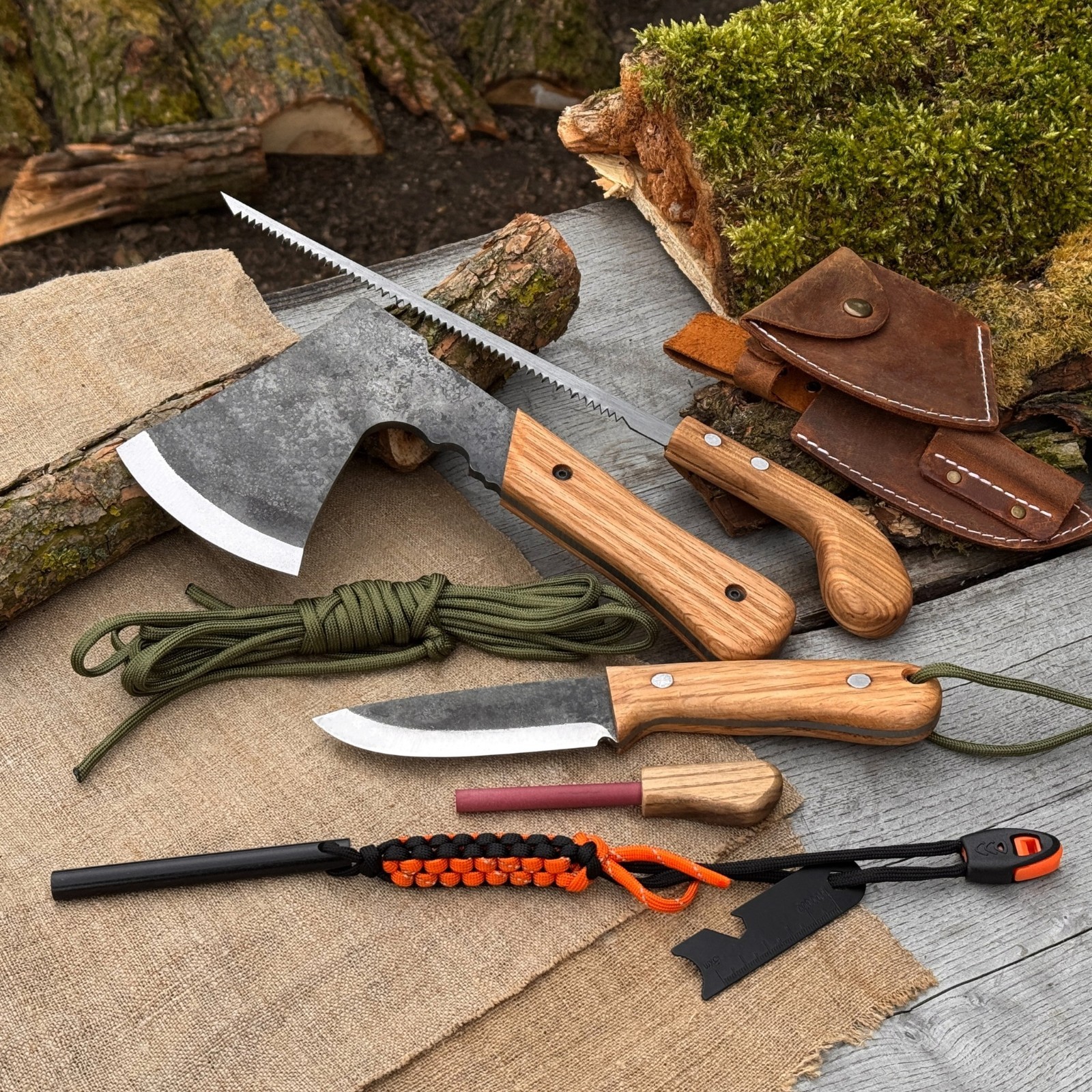 6pc All in One Camping Gear Set 9.84” Axe 9” Bushcraft Knife Saw Ferro Rod