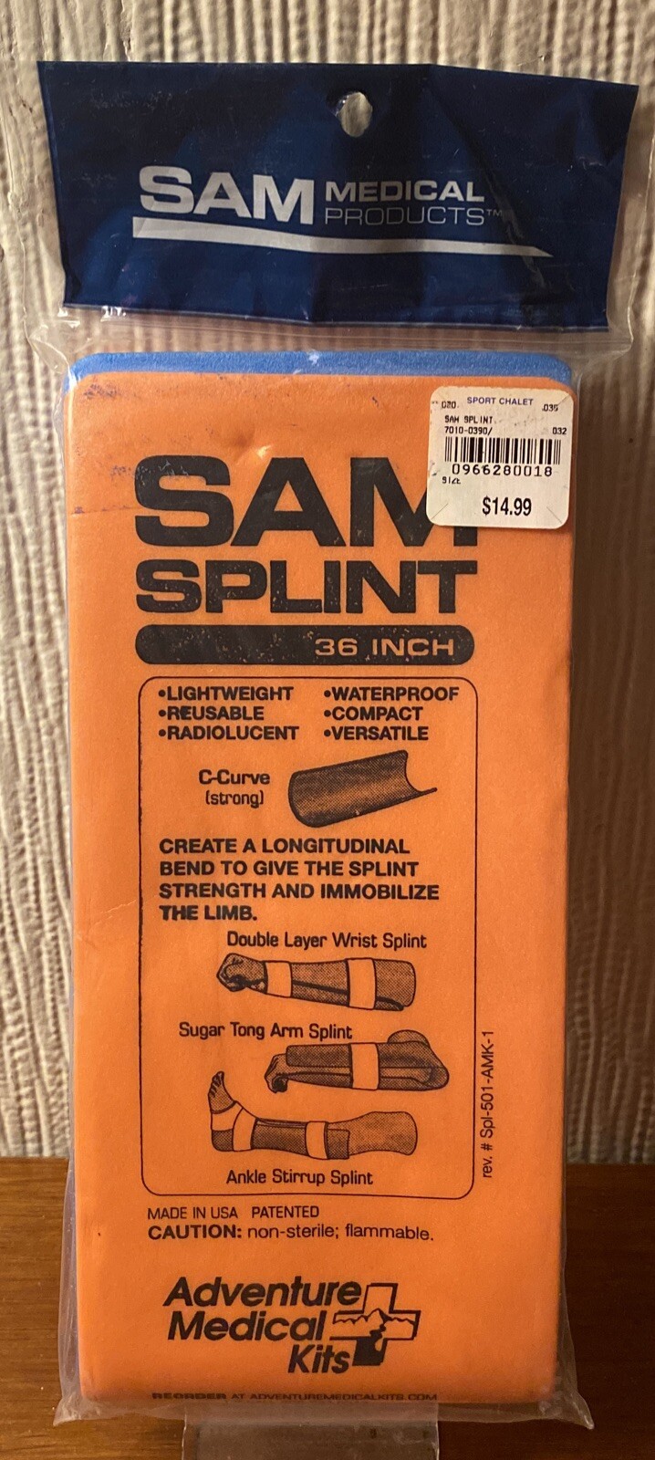Sam Splint 36 Inch – Reusable Lightweight Waterproof Compact Versatile Med Kit