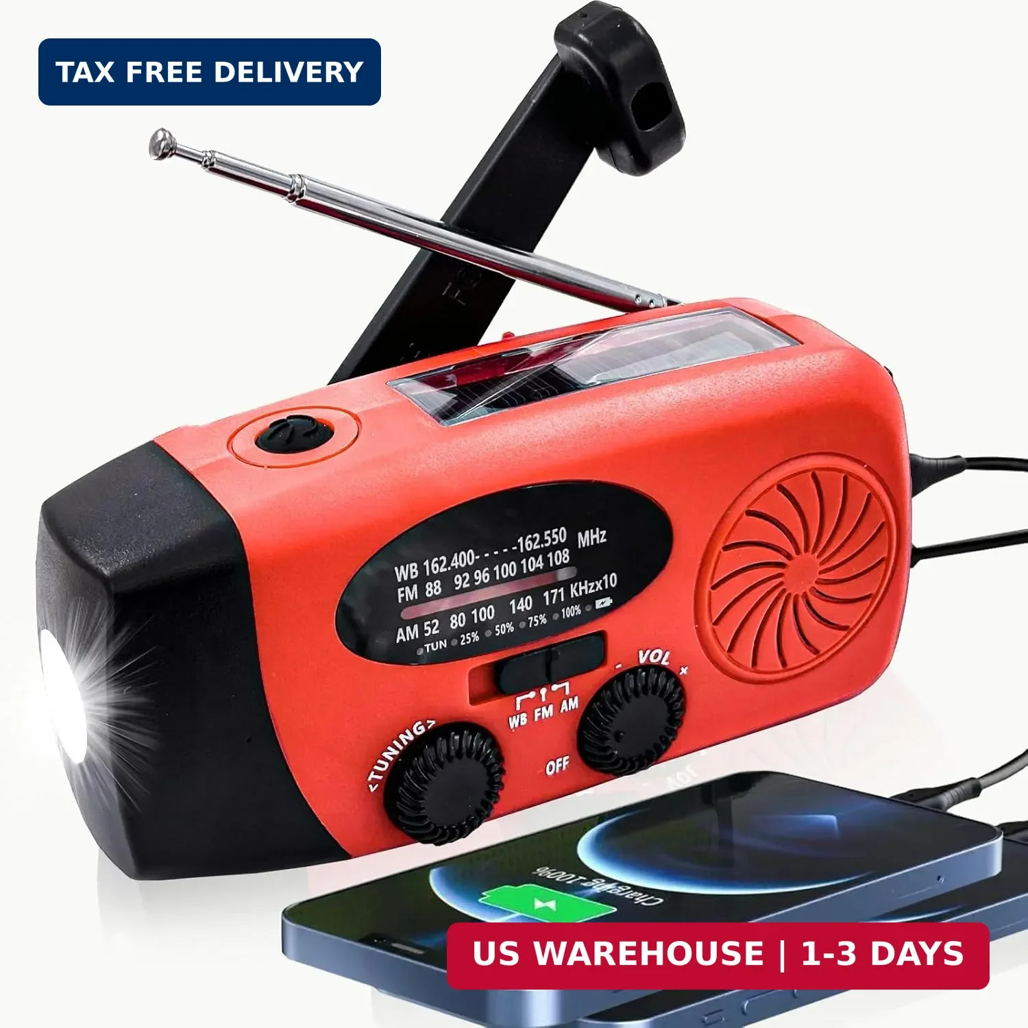 Portable 2000mAh Hand Crank Emergency Solar Panel SOS Weather Radio, Self-Powere