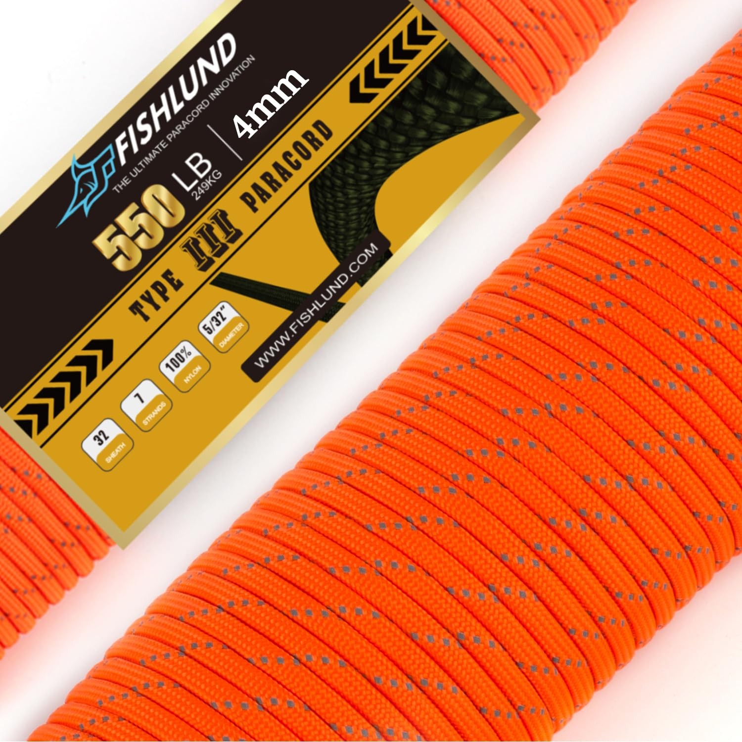FISHLUND Reflective Paracord 550 lb, 7 100FT/30M, Neon Orange