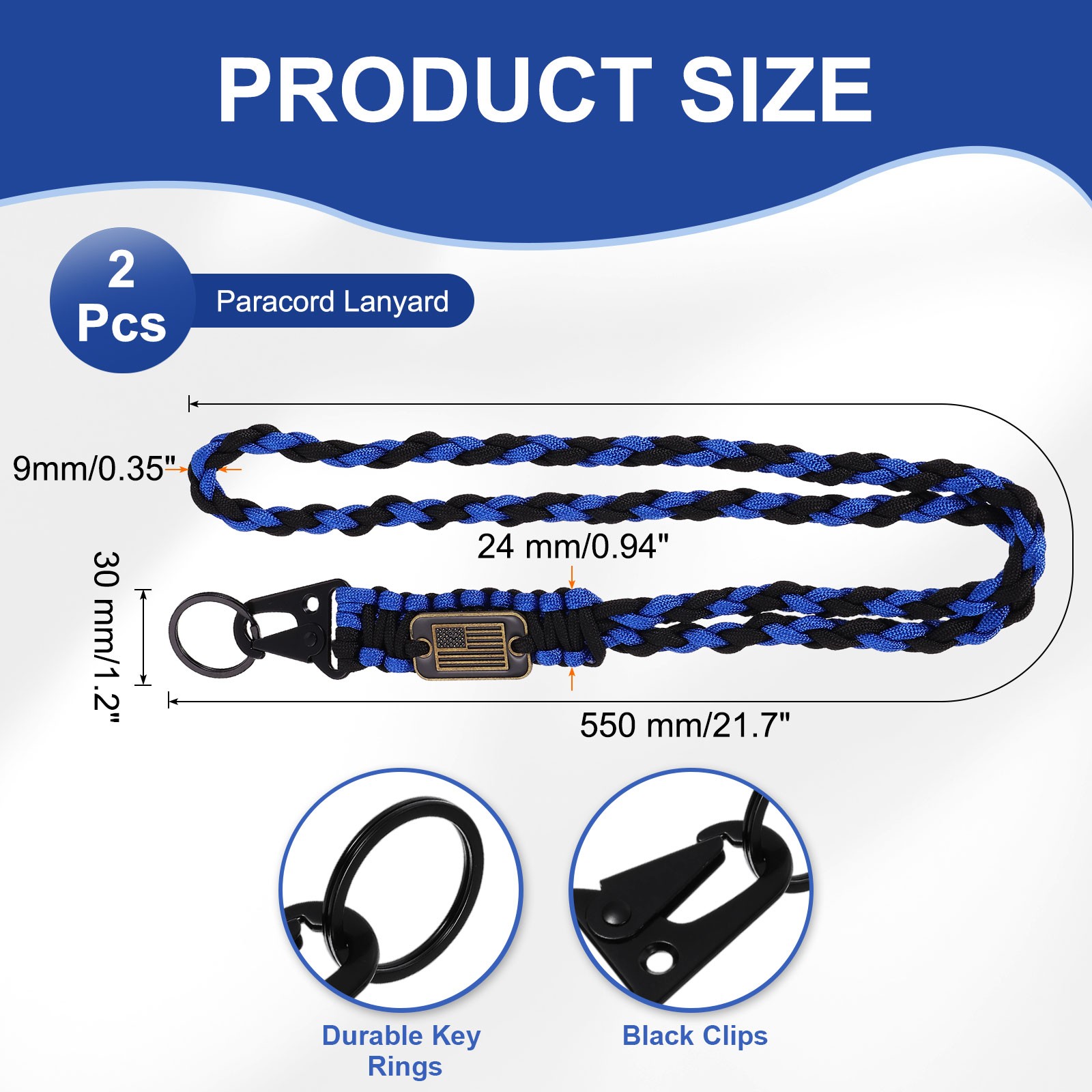 2Pcs Paracord Lanyard, Strong Lanyard with USA Flag, Blue