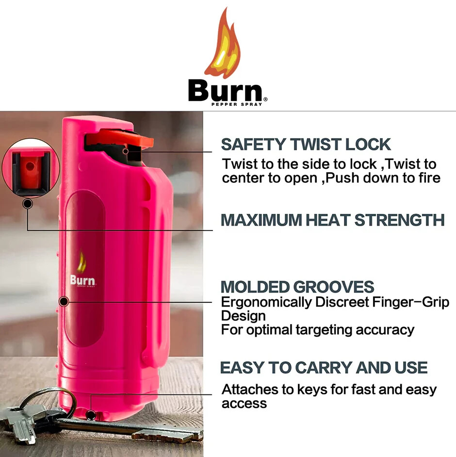 BURN Pepper Spray 1/2oz Keychain – Self Defense Safety Lock Case Molded Pink