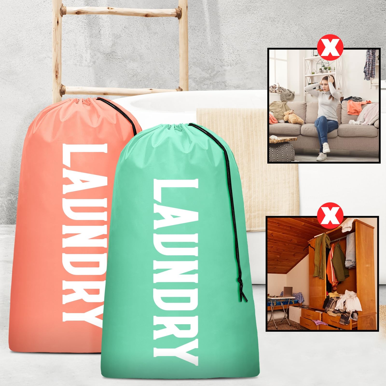 2 Pack XL Travel Laundry Bag, 24 inches x 36 inches, Light Pink + Blue
