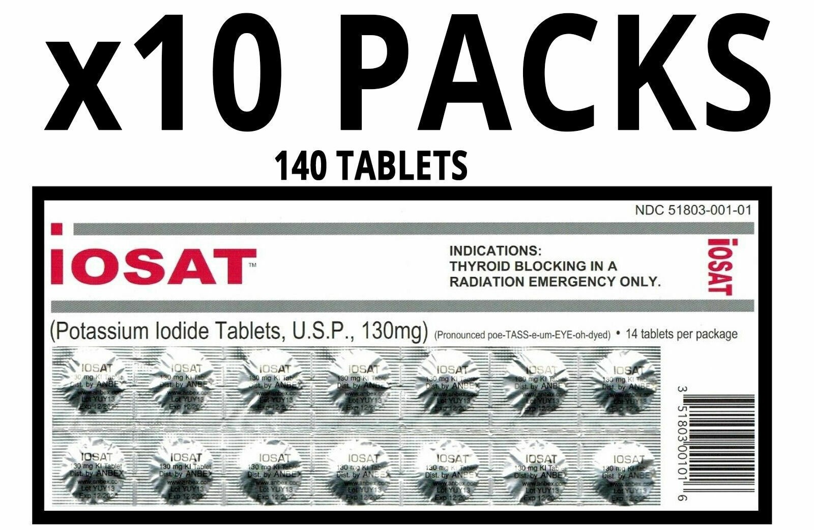 10 Pack iOSat Potassium Iodide/Radiation Blocking Tablets KI-Survival-Emergency