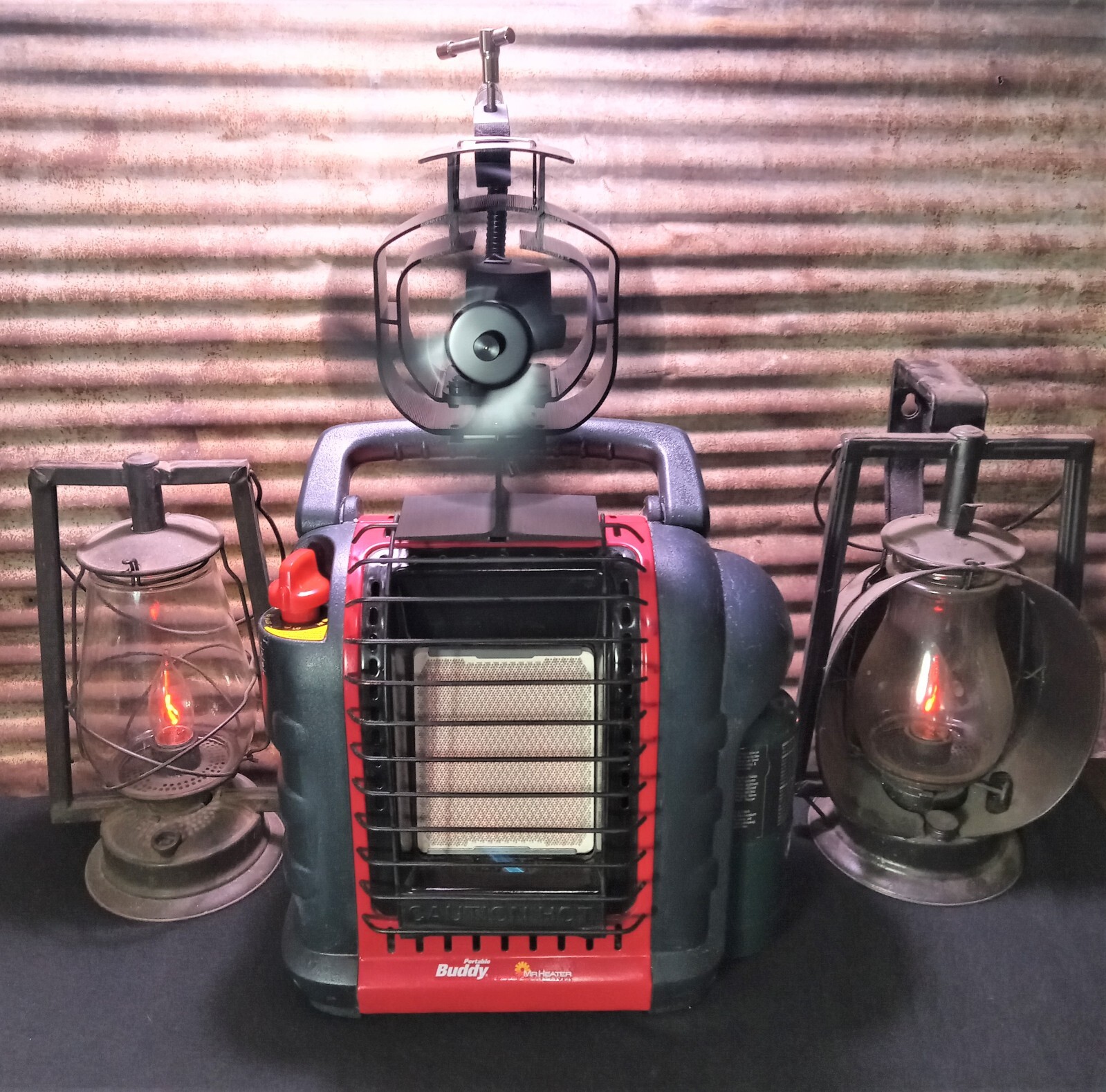 Mr. Heater “Buddy” Single Tank Wood Stove, Heat Powered Fan Mount. Custom Built.