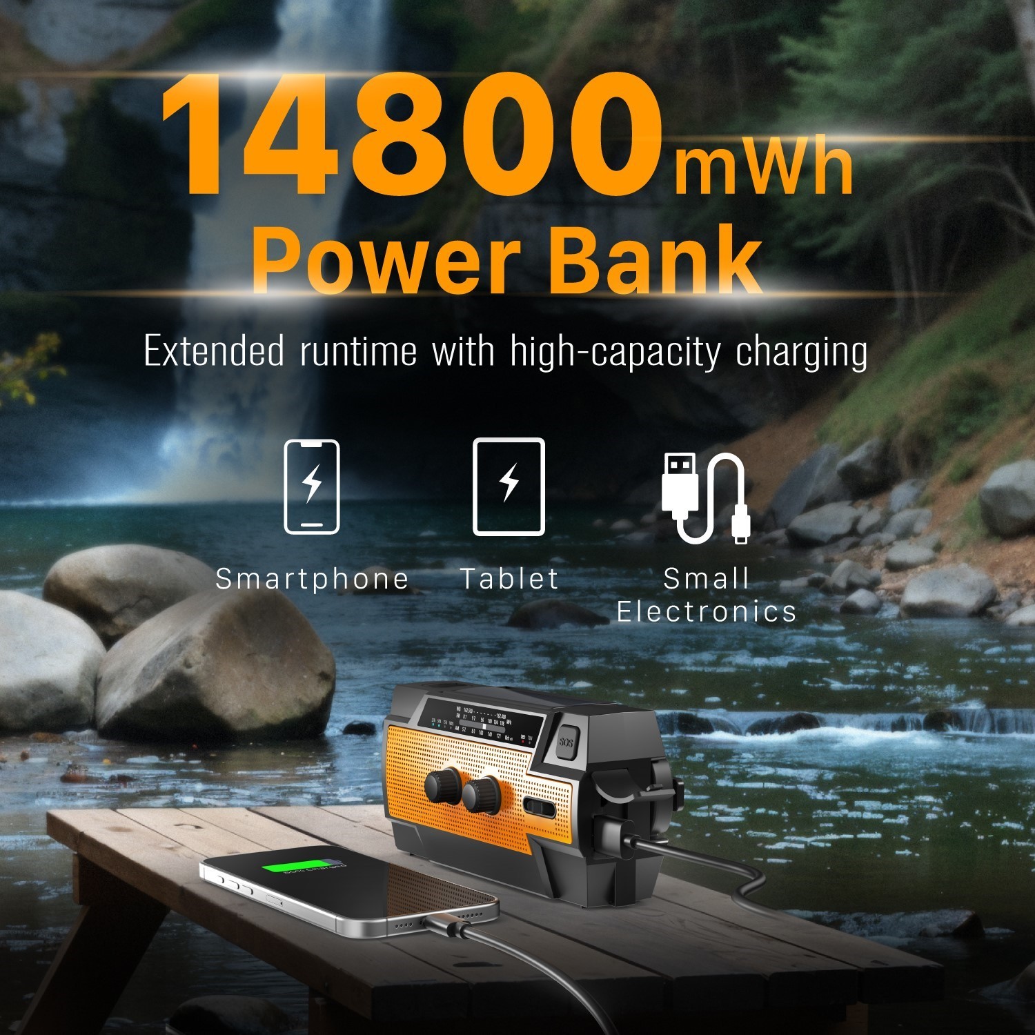 Emergency Solar Hand Crank Weather Radio 4000mAh Power Bank Charger Flash Light