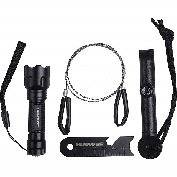 HUMVEE Brand Outdoor Survival Kit LED light whistle wire saw fire starter + more