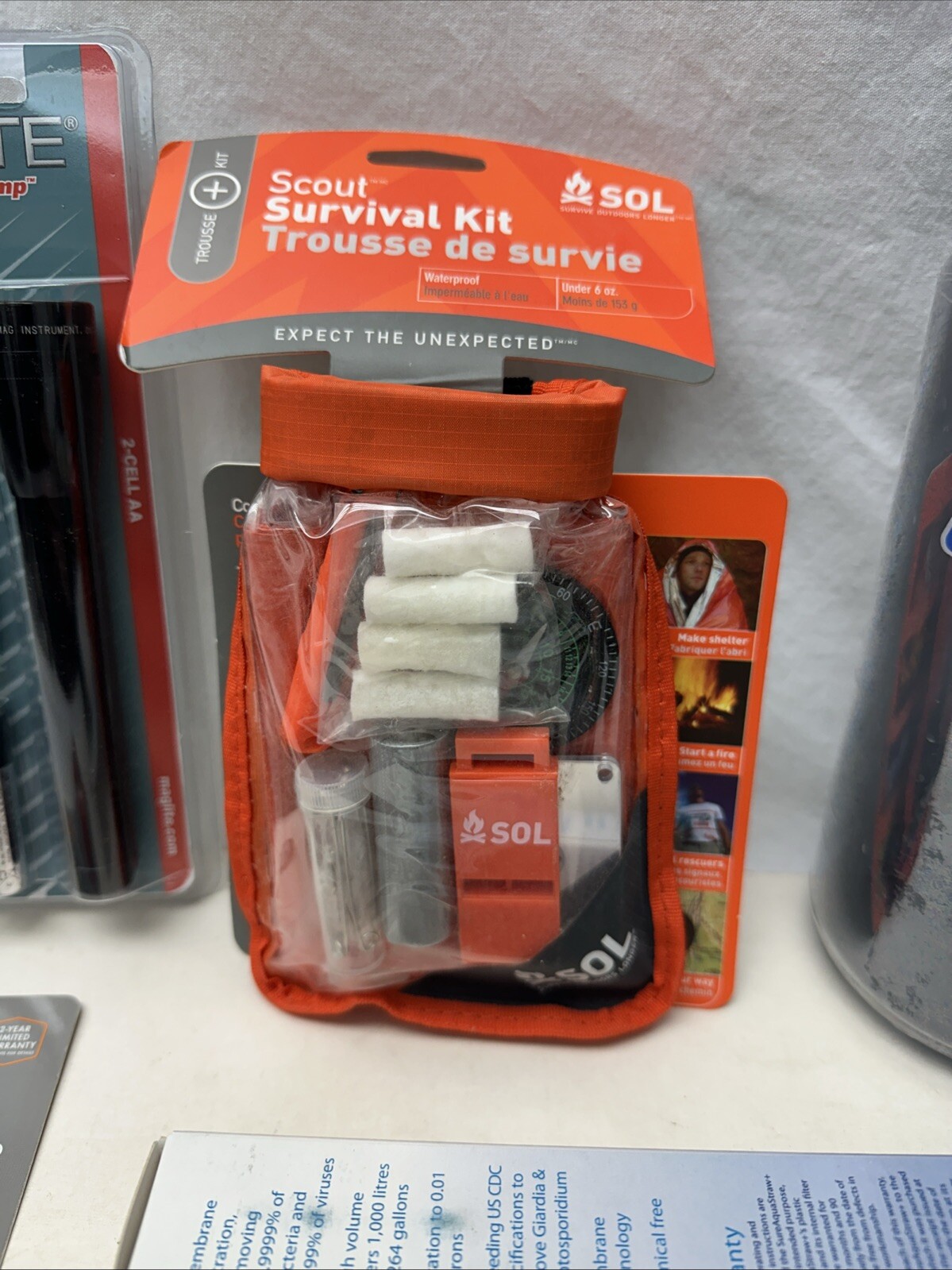 SOL Scout, Lighter, Mini Maglite Outdoor Research Nalgene Filter Survival Kit